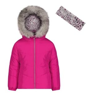 Big Girls Coat with Faux Fur Trim and Fleece Headband Set (lightweight)
